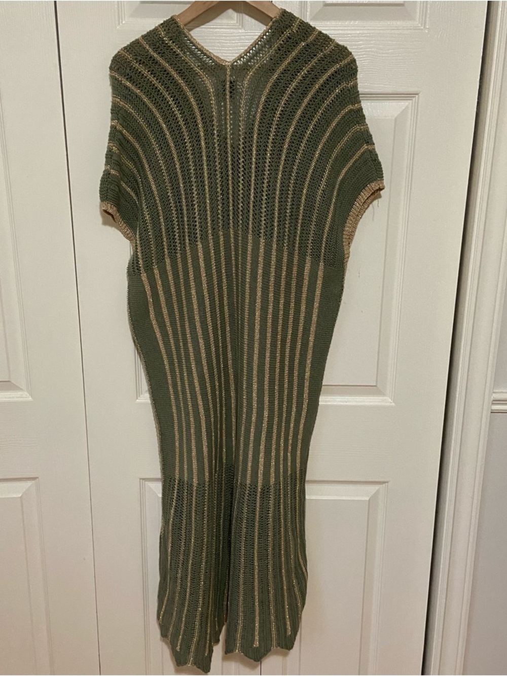 Floris Sage Green Metallic Gold Shimmer Knit Scalloped Edge Maxi Beach Cover Up - Picture 9 of 9